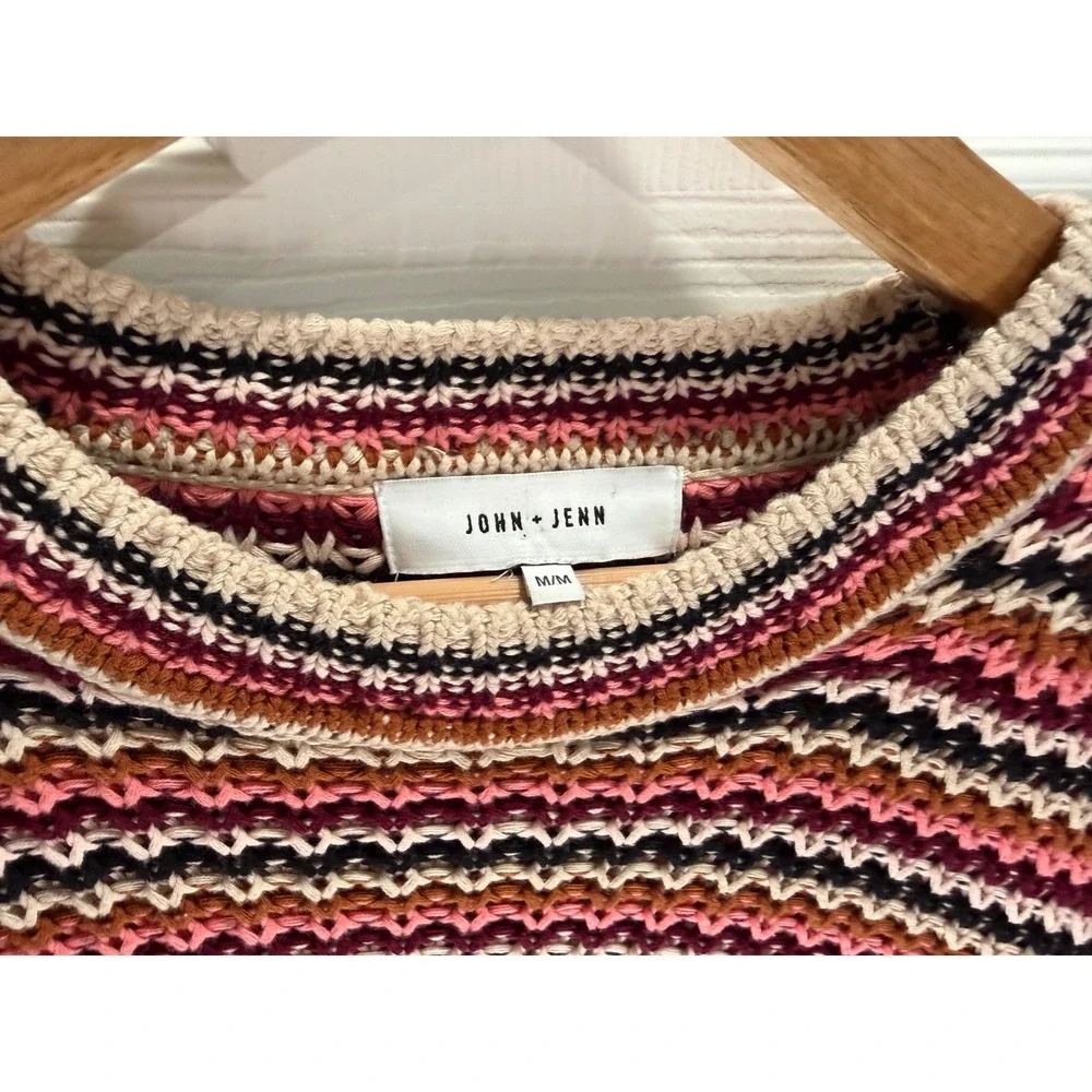 John + Jenn Striped Cotton Knit Sweater Women Medium Crochet Look Boho Versatile